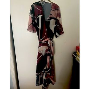 Black slip with print sheet wrap dress